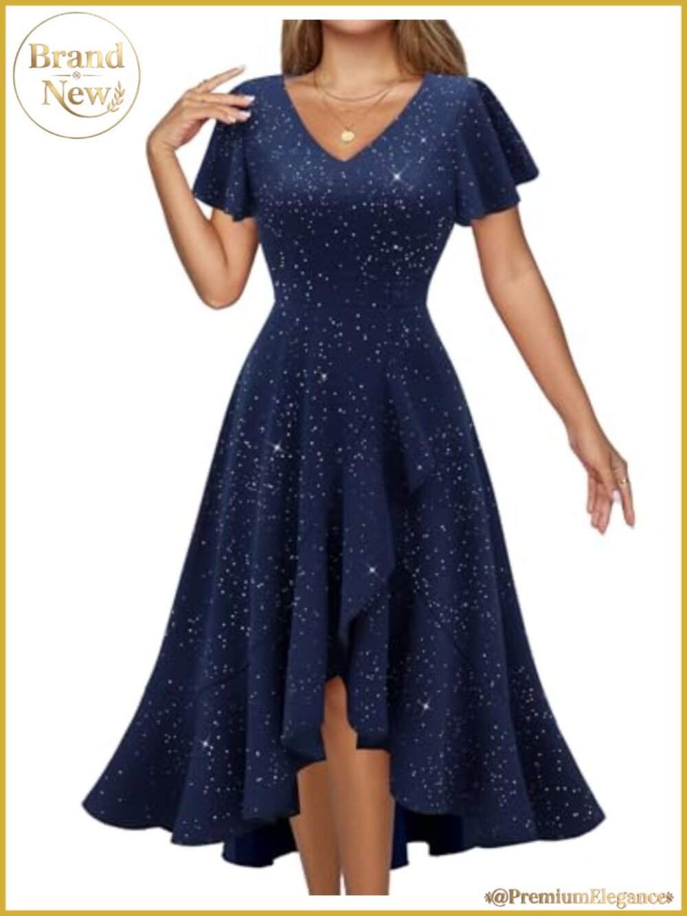 Sequin Sparkly Cocktail Dress V-Neck Short Sleeve Hi-Lo Hem